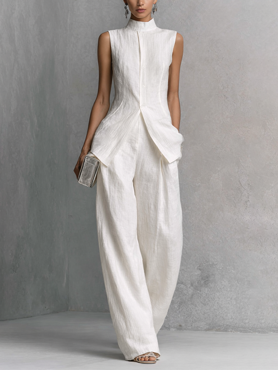 Dames Elegante Witte Katoen Linnen Mouwloze Top en Wijde Broek Set MDZ0221B1BA