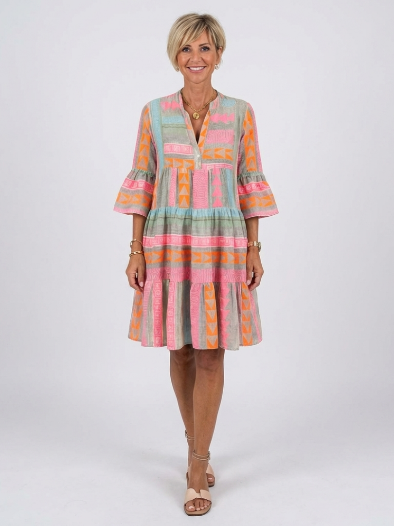 Maelle | Geometrische Print V-hals Stufenjurk in Knie-lengte