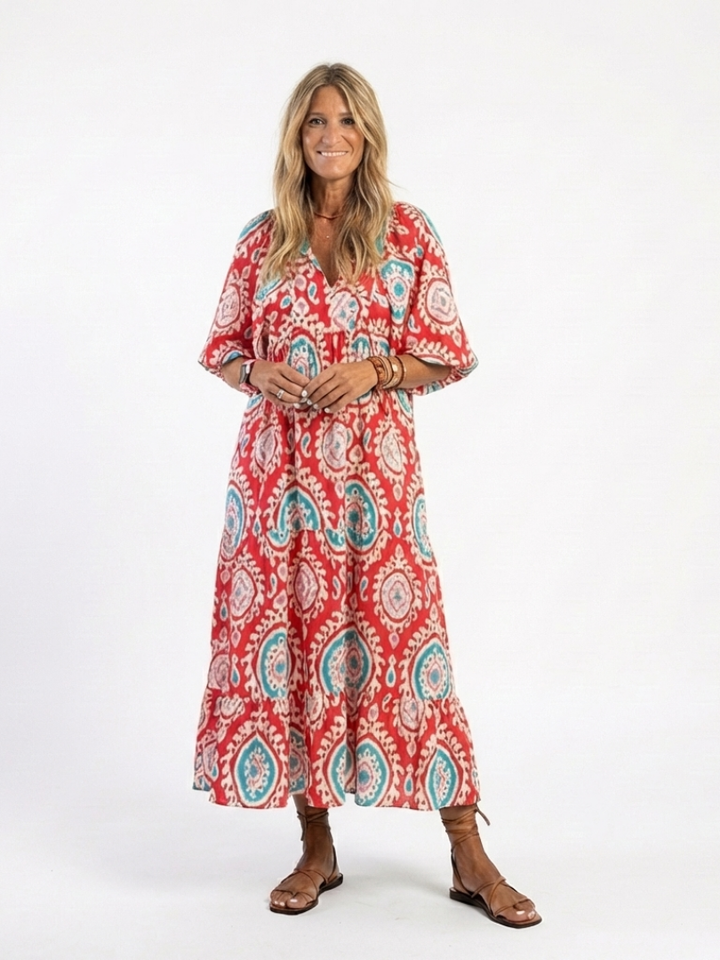 Zaria | Paisley-Print V-Hals Korte Mouw Midi-Jurk