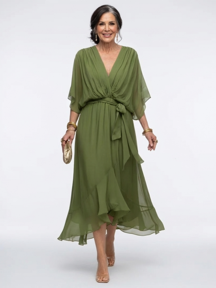 Elysia | V-hals Drapeer Taille Midi-jurk