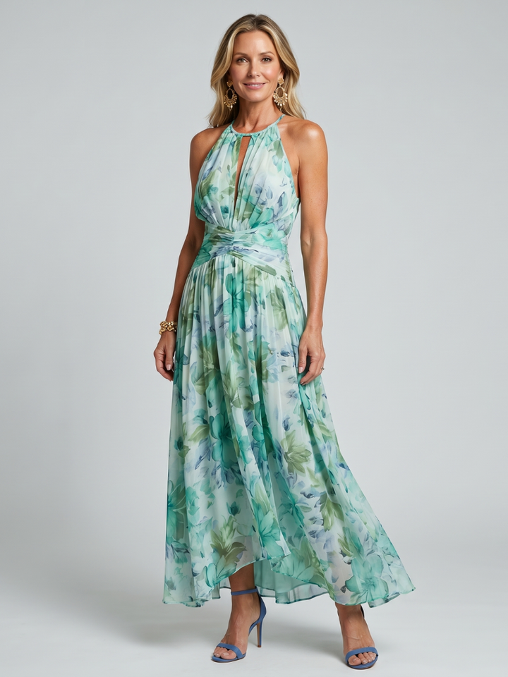 Portia | Geplooide Halter Midi-jurk met Zachte Bloemenpatroon