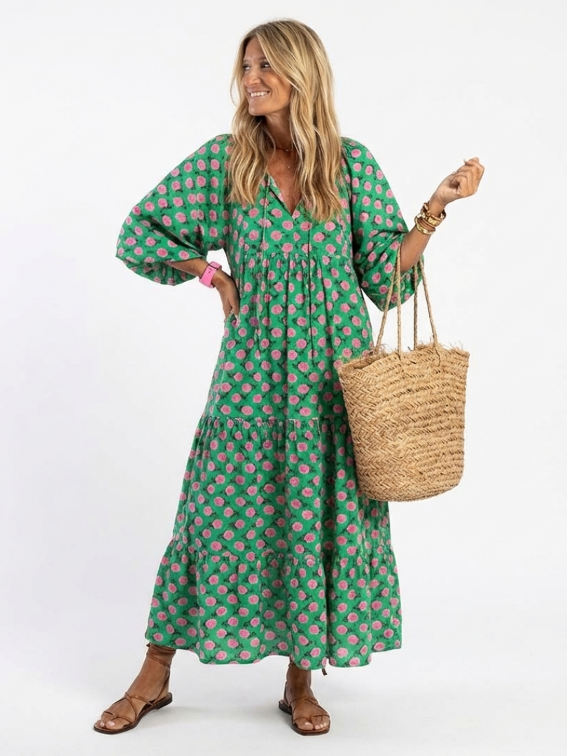 Fiora | Bloemenprint V-hals Laag Midi Jurk
