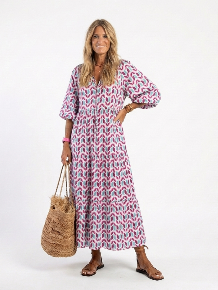 Mireya | Geometrische Print Lange Mouwen Tiered Midi Jurk
