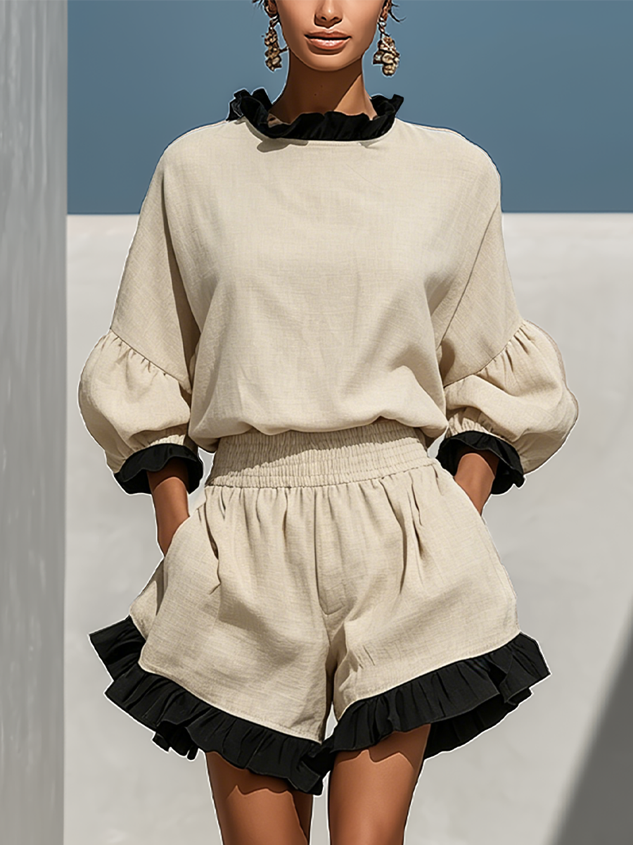 Dames Beige Linnenmix Contrast Rimpel Trim Lange Mouwen Blouse & Hoge Taille Rimpel Zoom Shorts Twee-Piece Set MDZ1018D0T