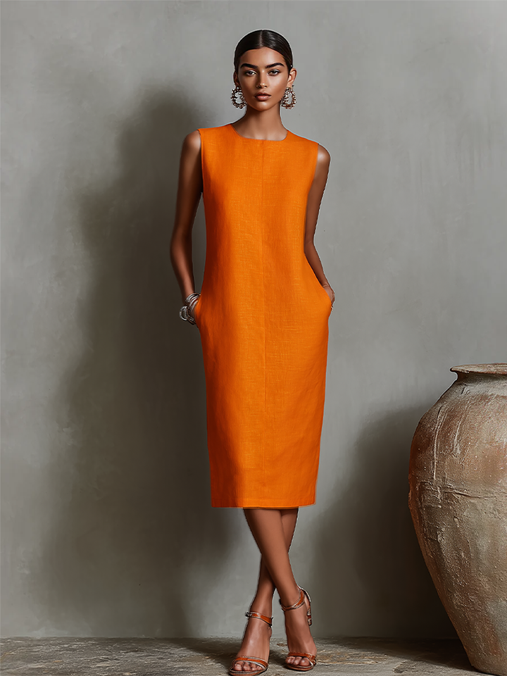 Dames Oranje Linnen Shift Jurk Met Mouwloze Ronde Hals & Zakken Aan De Zijkant, Tijdloze Minimalistisch-Elegante Stijl Jurk MDZ2851C7I