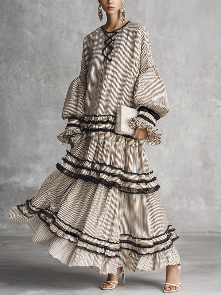 Dames Boho Gestreepte Ruffle Tiered Katoenmix Lange Mouwen Maxi Jurk MDZ1426B2BA