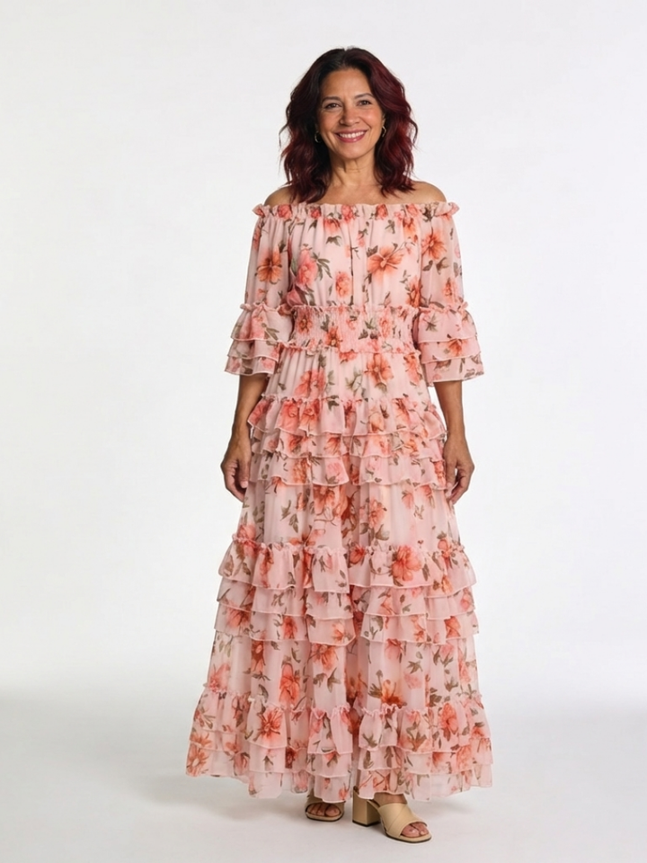 Rosalie | Off-Shoulder Bloemen Ruffle Tiered Maxi-jurk