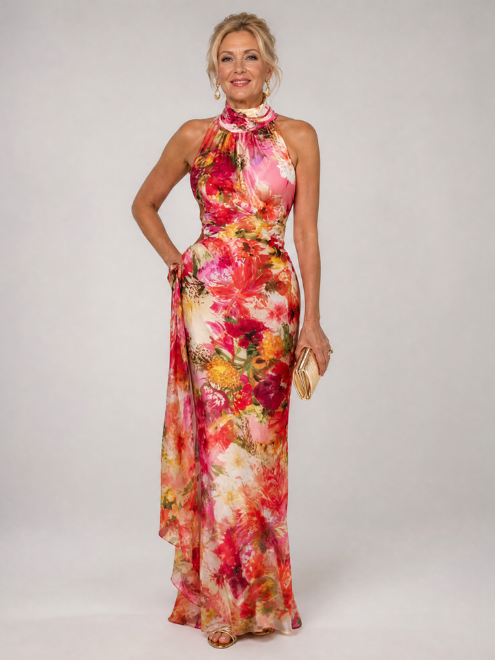 Elisabetta | Halternek Bloemenprint Maxi Jurk