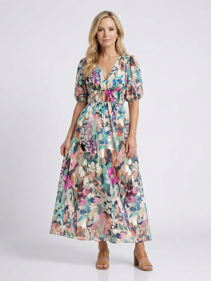 Eulalie | V-hals Korte Mouw Geraffineerde Taille Midi-jurk