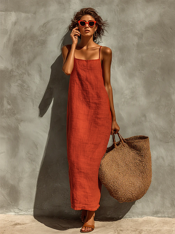 Dames Rode Katoenen Jurk Met Spaghetti Bandjes & Vierkante Hals, Tijdloze Boho-Resort Stijl Jurk MDZ0924C3I