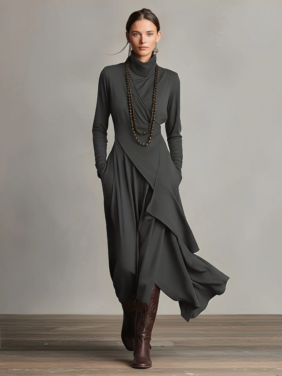 Dames Paarse Boheemse Katoenen Stretch Col Asymmetrische Geplooide Maxi Jurk MDA2055J9I