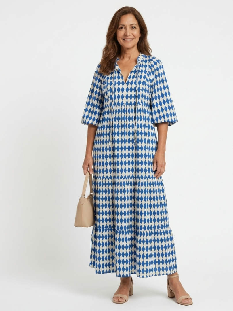 Elodie | Jurk met diamantpatroon en gelaagde rok