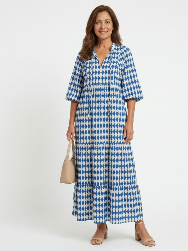 Elodie | Jurk met diamantpatroon en gelaagde rok