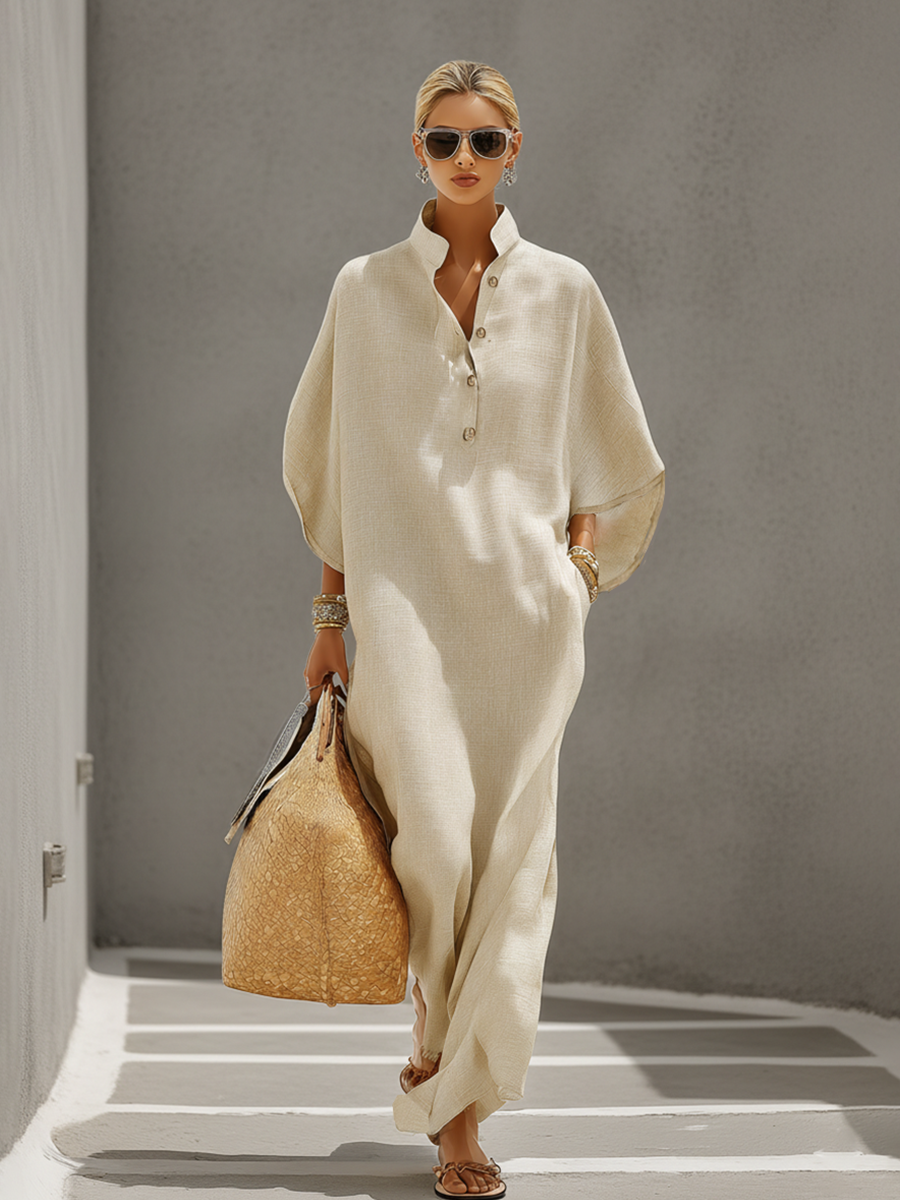 Dames Oatmeal Linnen Jurk Met Mandarin Kraag & Dolman Mouwen, Tijdloze Resort-Casual Stijl Jurk MDZ0552B1I