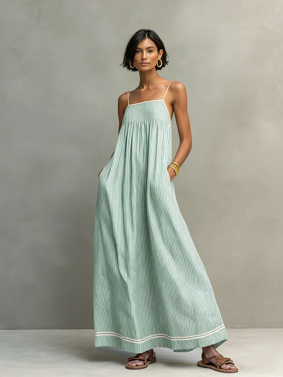 Dames Minimalistische Gestreepte Maxi-jurk Met Rode Accenten En Spaghetti Bandjes MDZ2710C3Y
