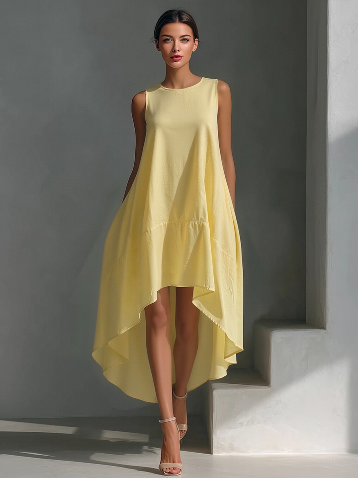 Vrouwen Witte Linnen Stoffen Mouwloze Midi Jurk Met Ronde Hals & Asymmetrische Zoom MDZ0987B9T