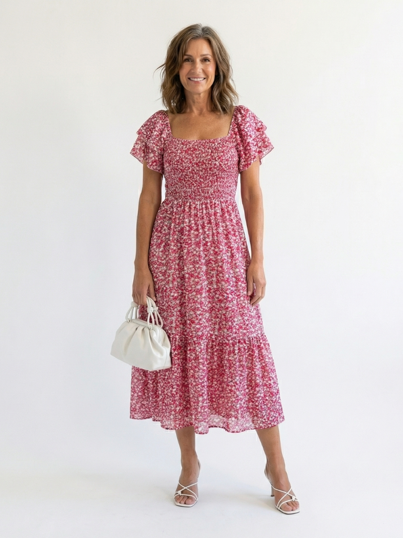 Odette | Off-Shoulder Bloemen Smocked Midi Jurk