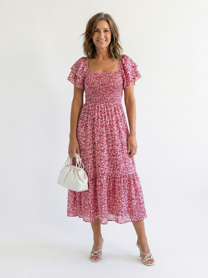 Odette | Off-Shoulder Bloemen Smocked Midi Jurk