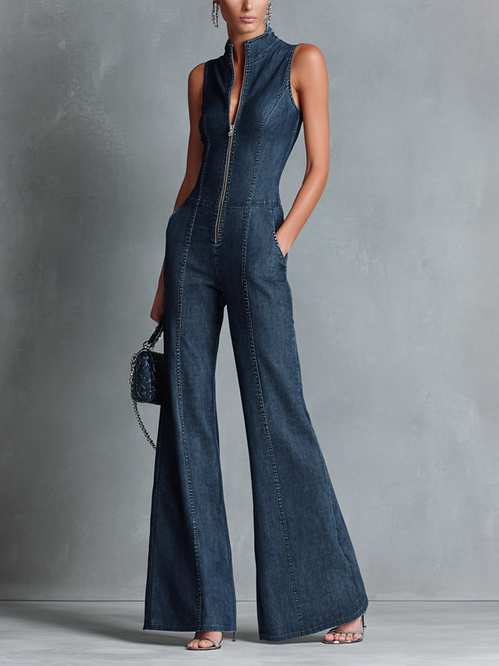 Dames Retro Stijl Donkerblauwe Denim Mouwloze Hoge Hals Uitlopende Jumpsuit Met Voorrits MDZ1239B2BA