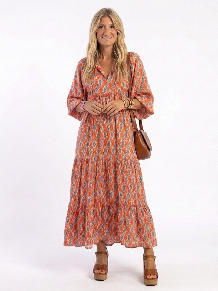 Amara | Geometrische Print V-hals Laag Midi-jurk