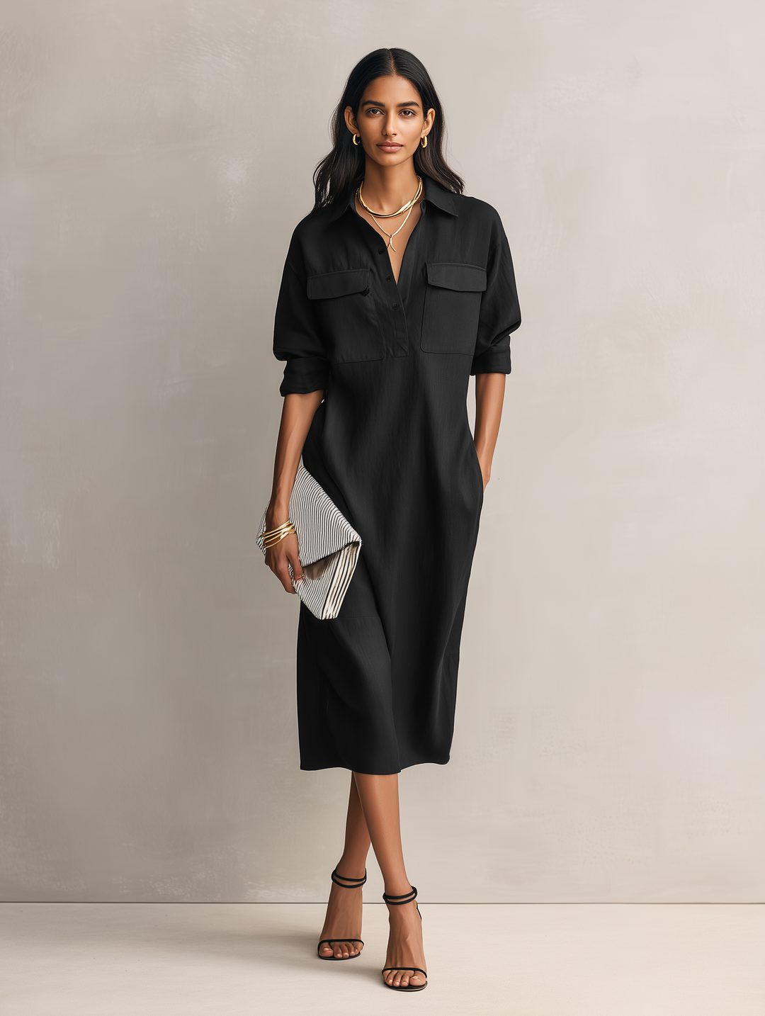 Vrouwen Elegant Zwart Katoen-Linnen Blend Overhemdkraag Korte Mouwen Midi Jurk MDZ0455C2AN