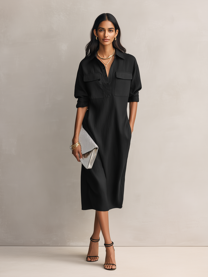Vrouwen Elegant Zwart Katoen-Linnen Blend Overhemdkraag Korte Mouwen Midi Jurk MDZ0455C2AN