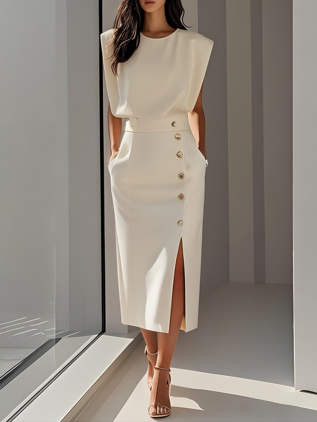 Malene™ | Effen midi-jurk met knoopsluiting en ronde hals