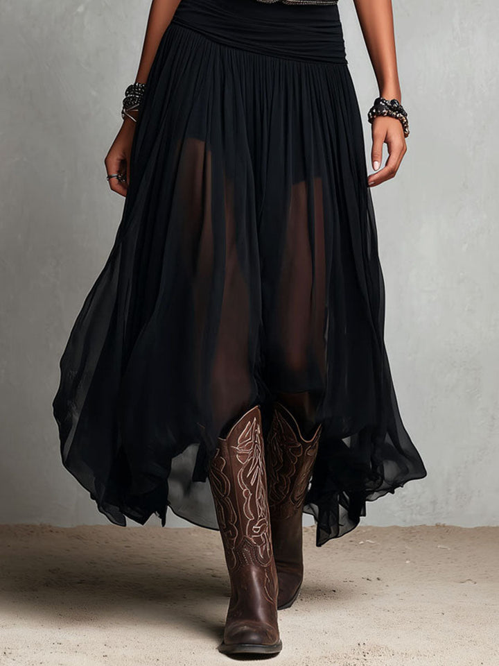 Maxi Jurk Stretchy Zwart Boho Western met Transparante Rok