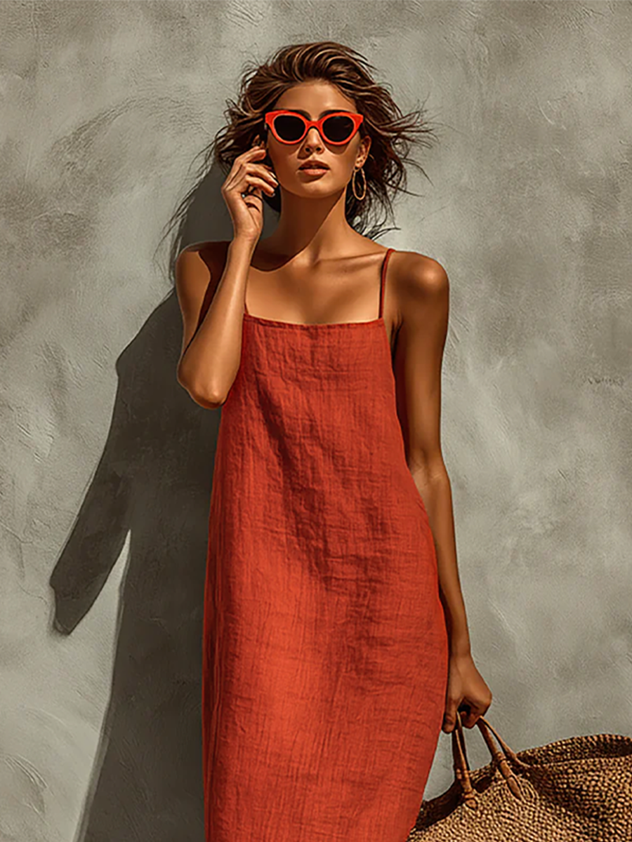Dames Rode Katoenen Jurk Met Spaghetti Bandjes & Vierkante Hals, Tijdloze Boho-Resort Stijl Jurk MDZ0924C3I