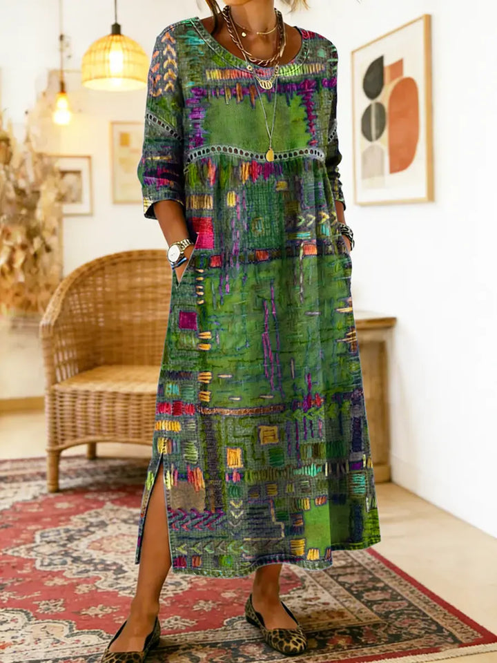 Manuela denim jurk met etnische patchwork