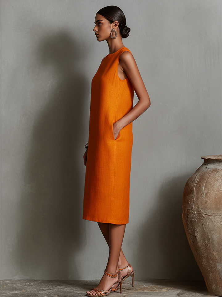 Dames Oranje Linnen Shift Jurk Met Mouwloze Ronde Hals & Zakken Aan De Zijkant, Tijdloze Minimalistisch-Elegante Stijl Jurk MDZ2851C7I