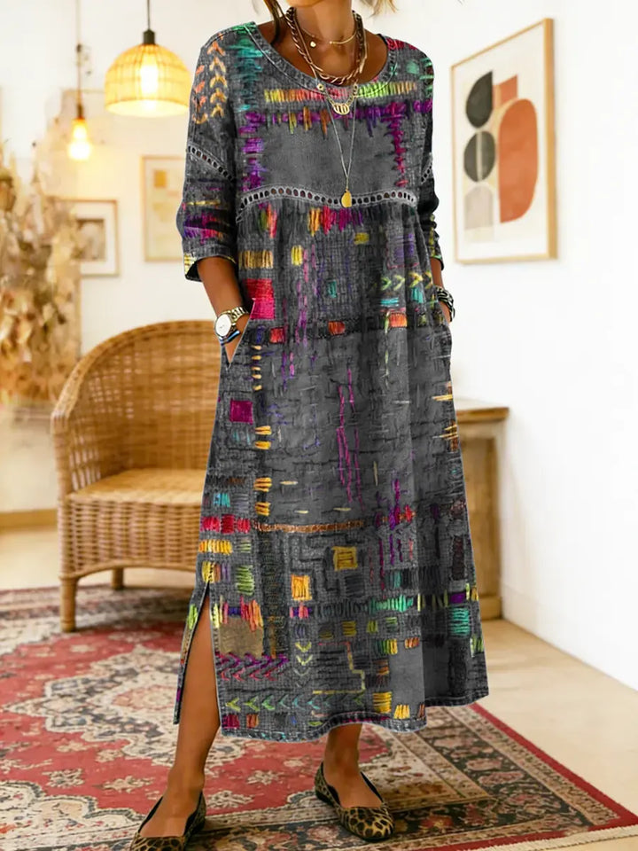 Manuela denim jurk met etnische patchwork
