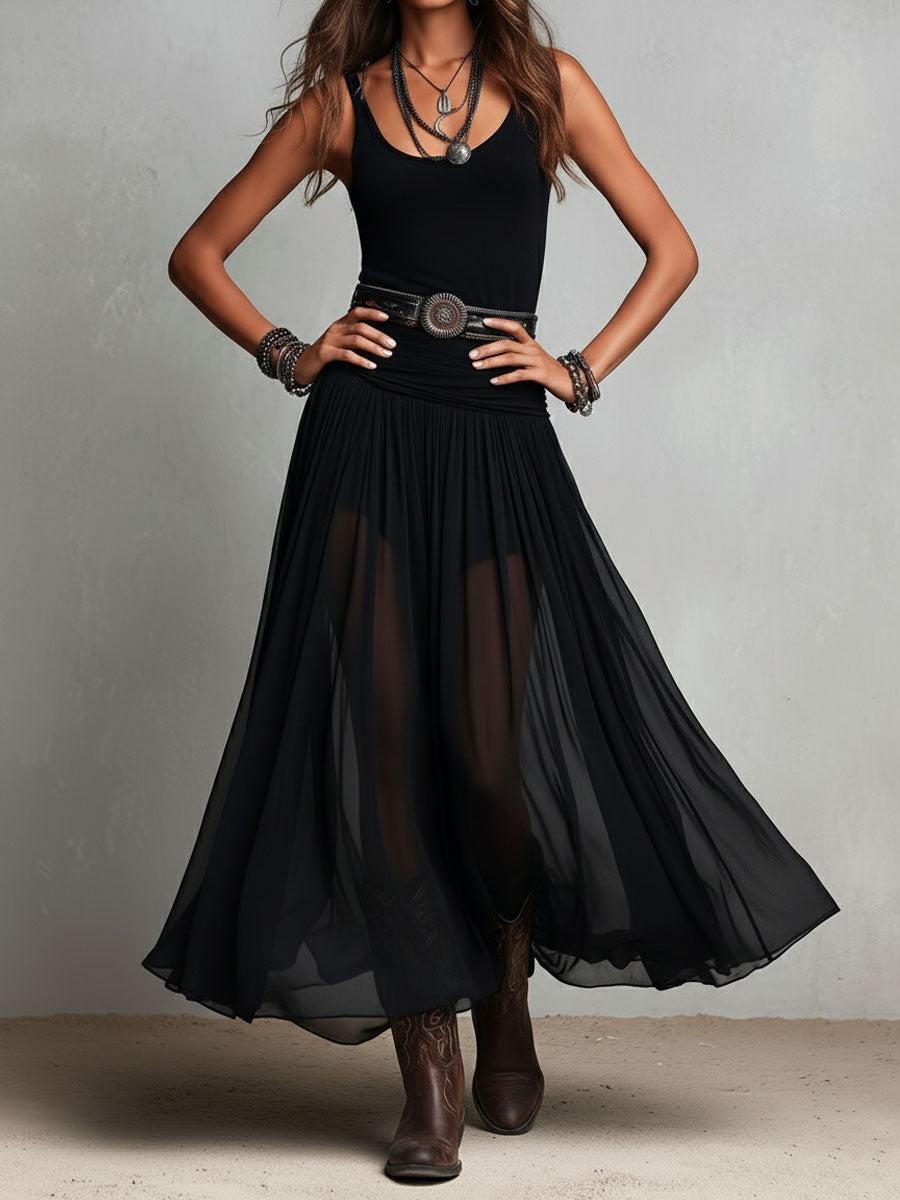 Maxi Jurk Stretchy Zwart Boho Western met Transparante Rok