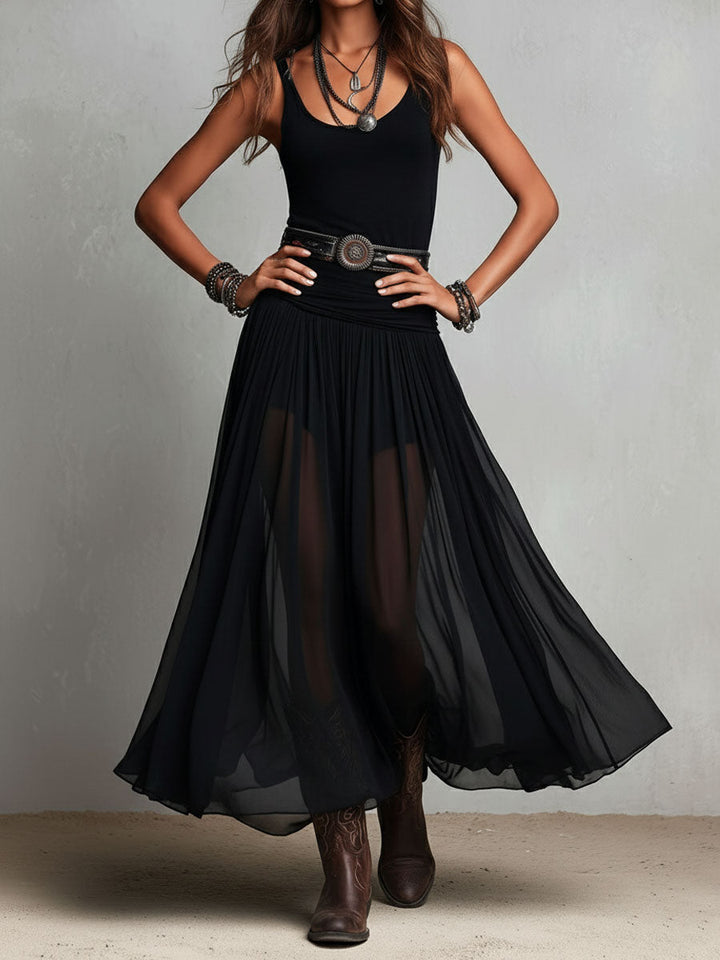 Maxi Jurk Stretchy Zwart Boho Western met Transparante Rok