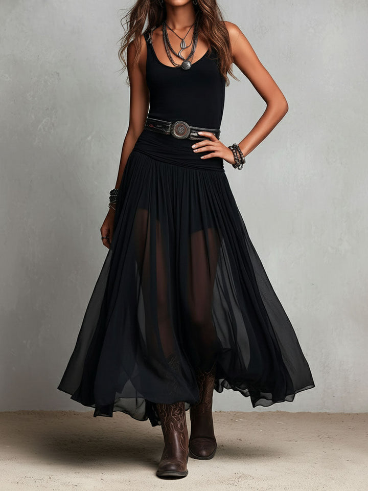 Maxi Jurk Stretchy Zwart Boho Western met Transparante Rok