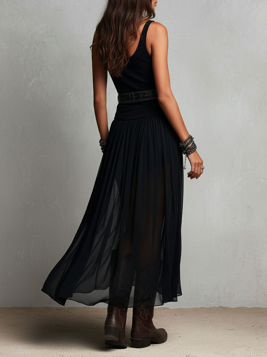 Maxi Jurk Stretchy Zwart Boho Western met Transparante Rok