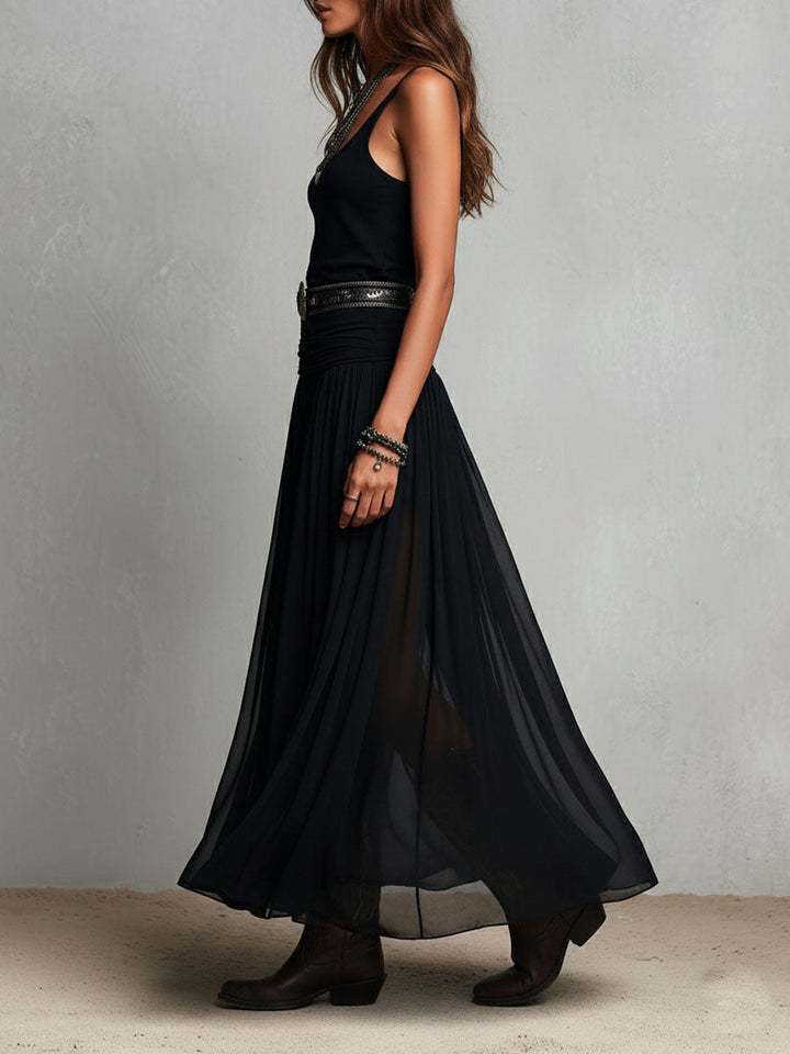 Maxi Jurk Stretchy Zwart Boho Western met Transparante Rok