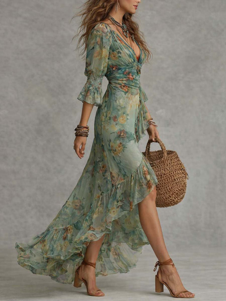 Aurora - lange boho bloemenjurk met romantische asymmetrische zoom