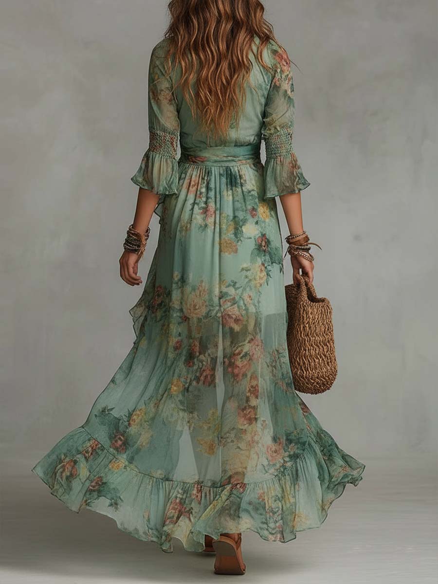 Aurora - lange boho bloemenjurk met romantische asymmetrische zoom