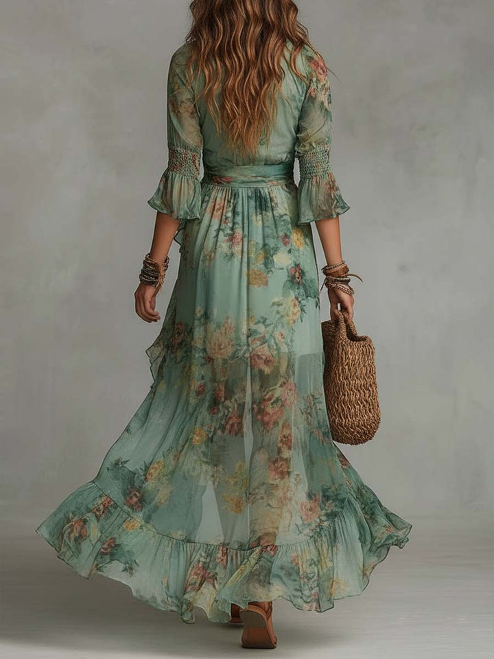Aurora - lange boho bloemenjurk met romantische asymmetrische zoom