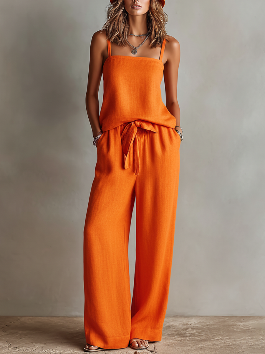 Vrouwen Oranje Linnen Twee-Piece Set Met Vierkante Hals Cami Top & Strik Taille Wijde Pantalon, Tijdloze Boho-Resort Stijl Set MDZ0825D5I