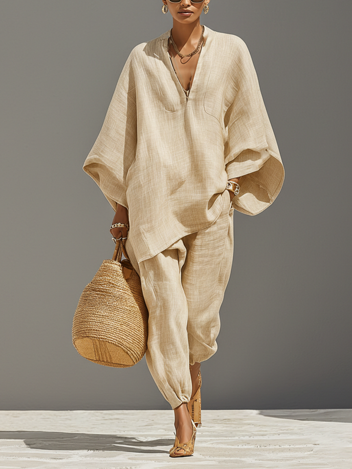 Dames Neutraal Linnen Set Met Asymmetrische Zoom & Minimalistisch Ontwerp, Verfijnde Dagelijkse Casual Stijl Set MDZ0501B3I