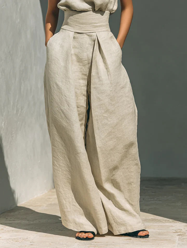 Flor™ | Minimalistische set van mouwloze blouse en wijde broek van katoen en linnen voor dames