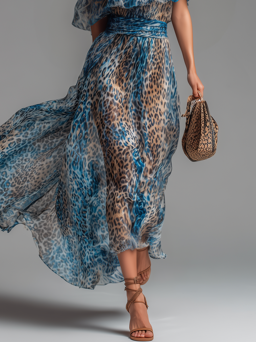 Selvaggia - Lange chiffon jurk met luipaardprint en blote schouders