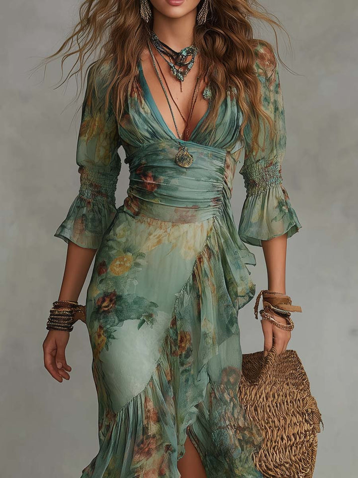 Aurora - lange boho bloemenjurk met romantische asymmetrische zoom