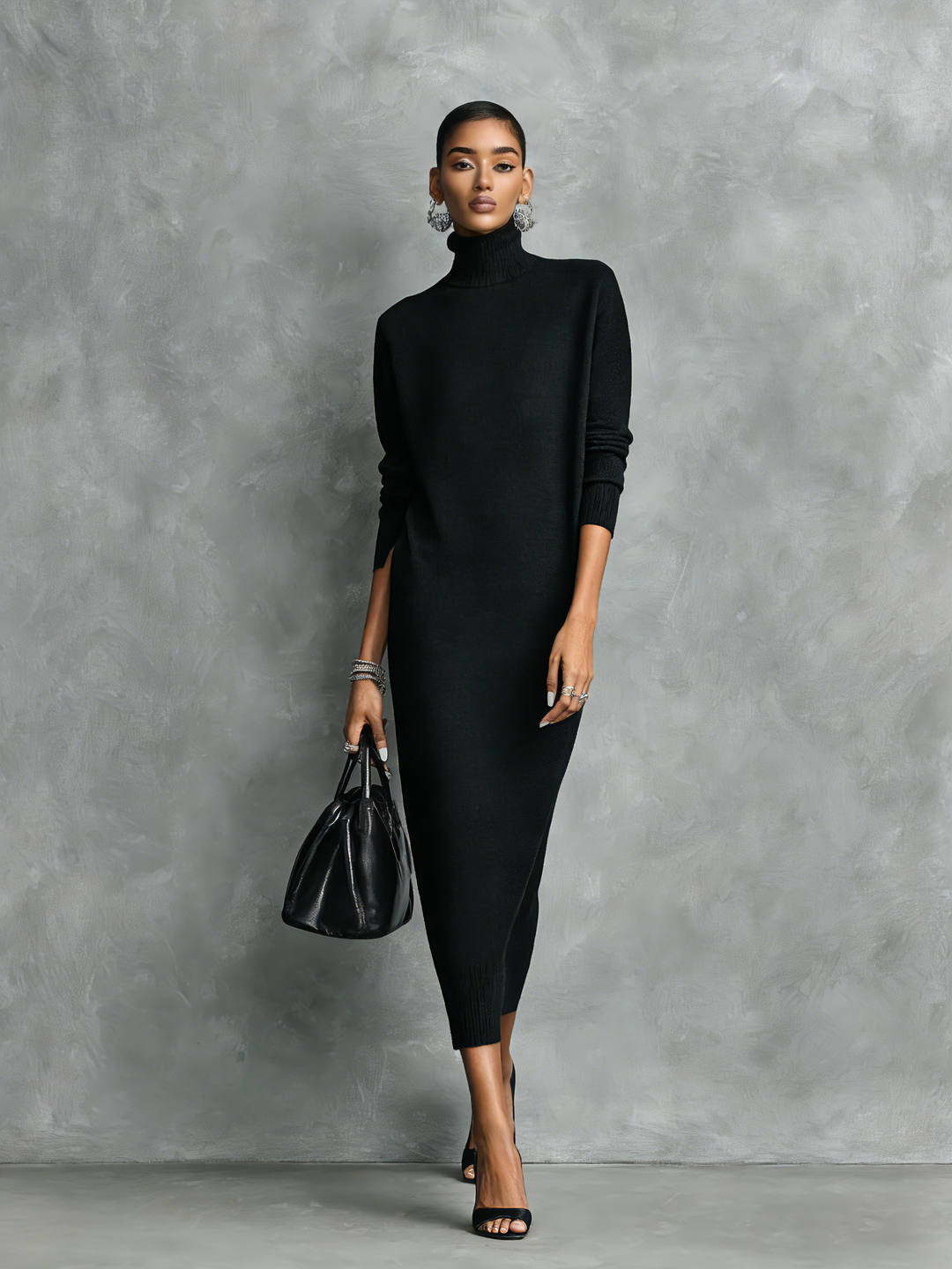 Dames Elegante Zwarte Gebreide Col Lange Mouwen Losvallende Midi Jurk Zonder Zakken MDA1974L7AN