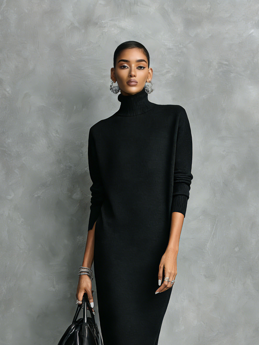 Dames Elegante Zwarte Gebreide Col Lange Mouwen Losvallende Midi Jurk Zonder Zakken MDA1974L7AN