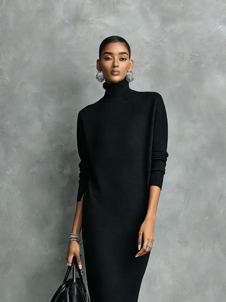Dames Elegante Zwarte Gebreide Col Lange Mouwen Losvallende Midi Jurk Zonder Zakken MDA1974L7AN