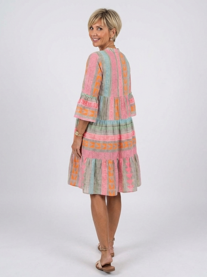 Maelle | Geometrische Print V-hals Stufenjurk in Knie-lengte