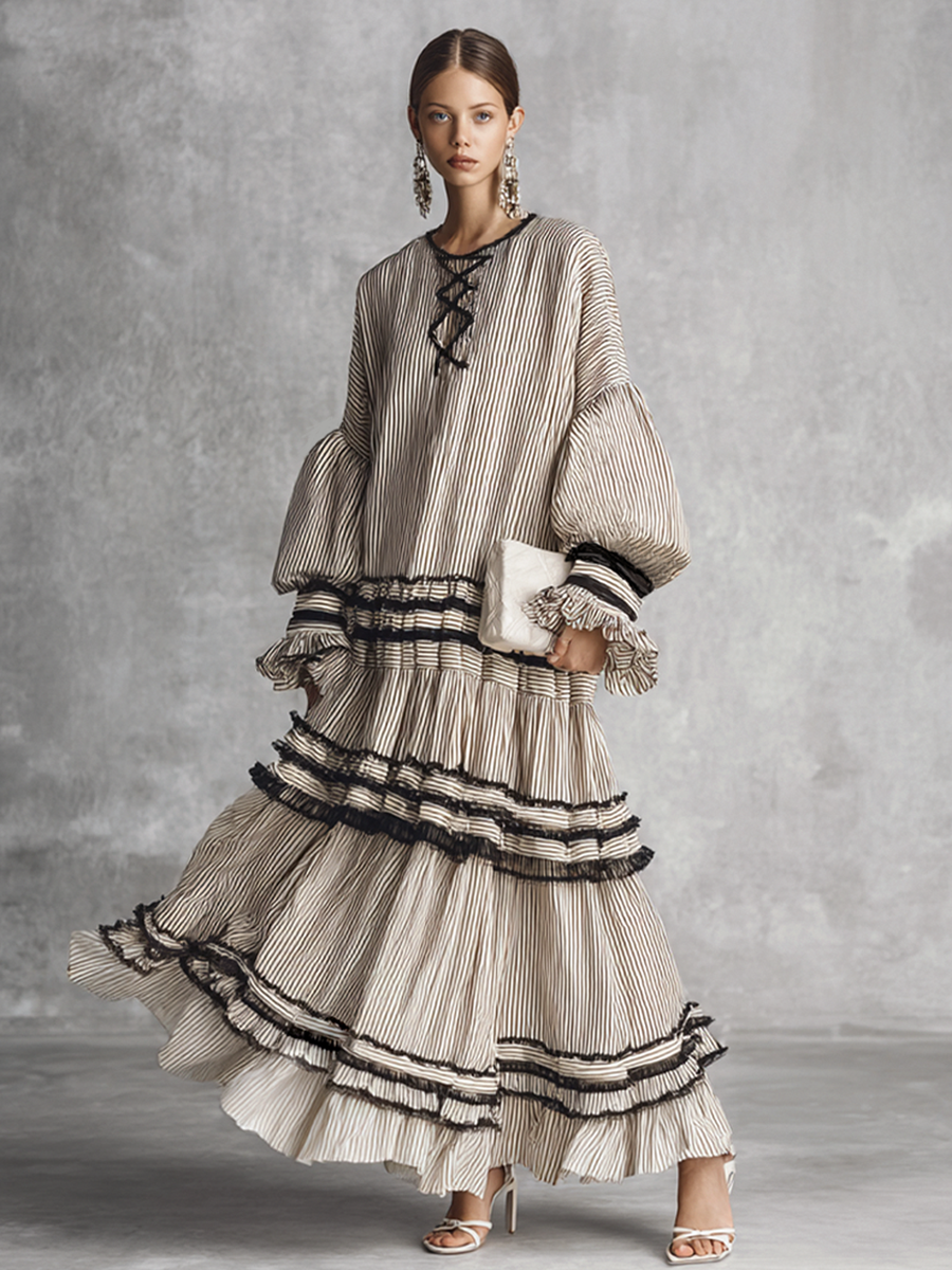 Dames Boho Gestreepte Ruffle Tiered Katoenmix Lange Mouwen Maxi Jurk MDZ1426B2BA